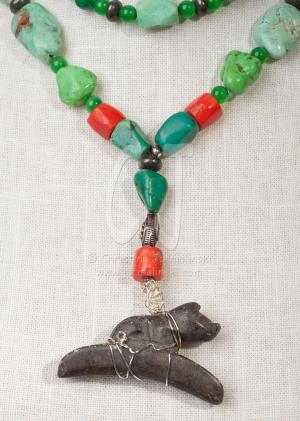Vintage Two Strand Multi-Colored Necklace with Ancient Cat by Christina Jarmolinski