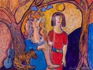 Two Friends sitting under Trees with Dog by Christina Jarmolinski