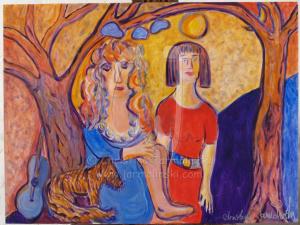 Two Friends reading under the Appletree with Dog