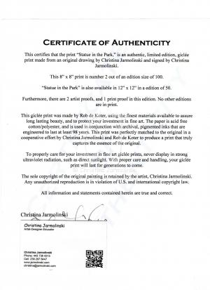 Certificate of Authenticity of Christina Jarmolinski Fine Art