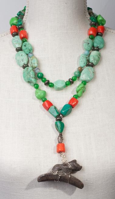 Vintage Two Strand Multi-Colored Necklace with Ancient Cat by Christina Jarmolinski