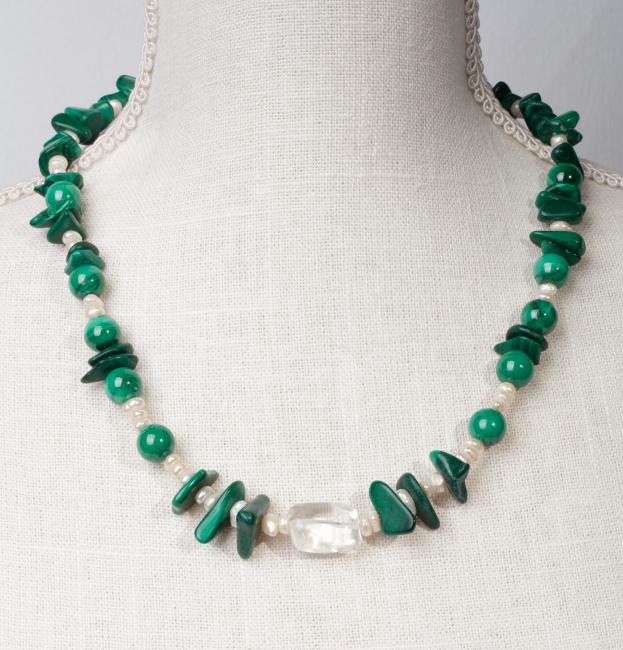 Malachite with Baroque Pearls and Clear Cyrstal Center Bead by Christina Jarmolinski