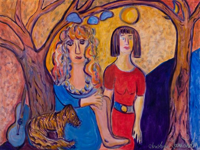 Two Friends sitting under Trees with Dog by Christina Jarmolinski