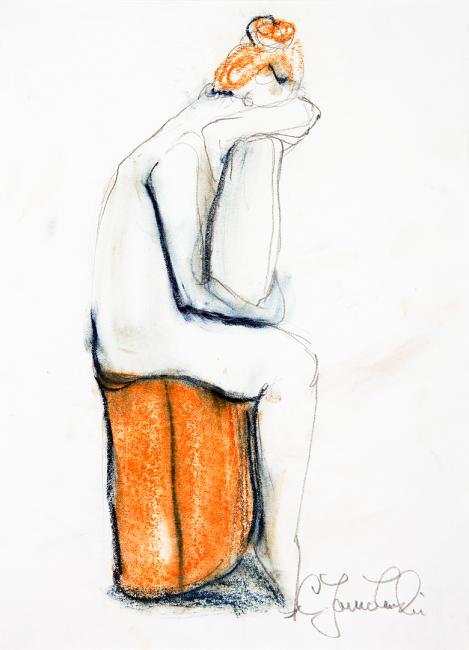 Nude sitting on a Barrel by Christina Jarmolinski