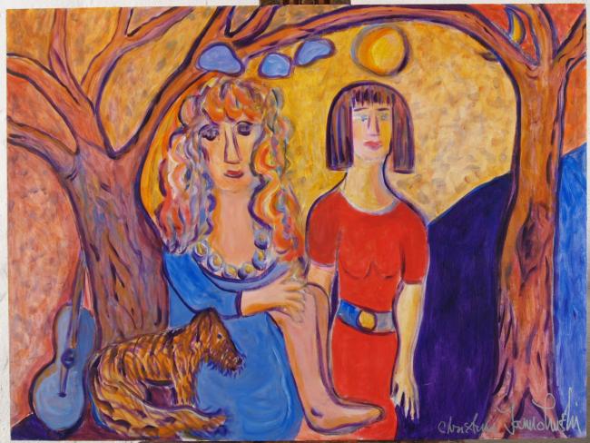 Two Friends reading under the Appletree with Dog