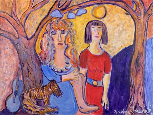 Girlfriends reading under the Apple tree with Lakshmi by Christina Jarmolinski