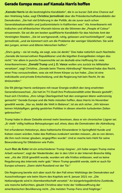 Kamala Harris vs Trump Oberpfalzer Echo quoting Chirstina Jarmolinski