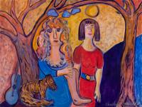 Two Friends reading under a tree with their dog by Christina Jarmolinski