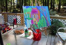  finishing Pemberton painting outside with Lakshmi as my critic