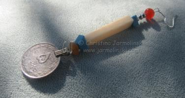 4"Earring with Bone, Turquoise and Antique Coin by Christina Jarmolinski