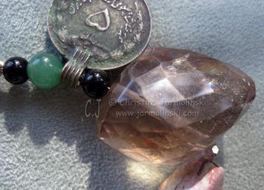 Herkimer Diamond with Antique Coins and Jade Beads by Christina Jarmolinski