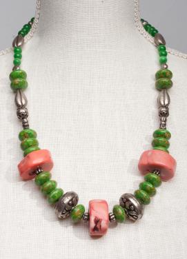 Coral with Tibetan Silver Beads and Green Turquoise Necklace