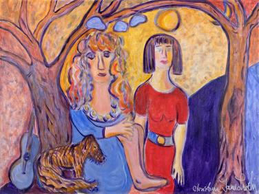 Girlfriends reading under the Apple tree with Lakshmi by Christina Jarmolinski